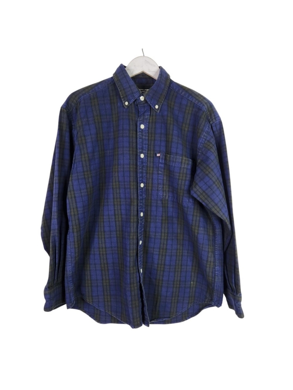 Vtg RALPH LAUREN Jeans Co Shirt Mens Medium Blue Plaid Flannel Button Down